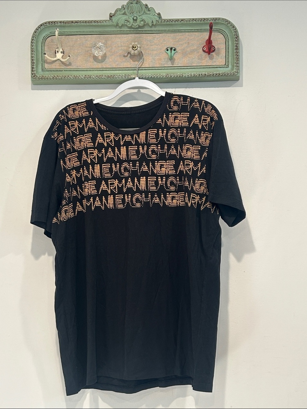 Vintage 90s Armani Exchange Black short sleeve Tee with Gold Logo Pattern men’s